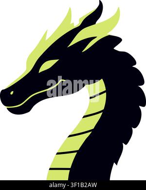 Flat illustration of a navy dragon head in side profile with pale yellow horns sharp features and a calm powerful expression Stock Vector