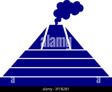 Flat illustration of a blue stepped pyramid shaped volcano with a dark smoke plume rising from the top Stock Vector