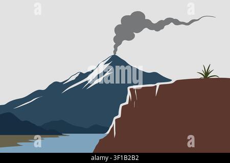 Flat scenic illustration of a smoking volcano near a lake with mountains cliff edge and small plants in the foreground Stock Vector