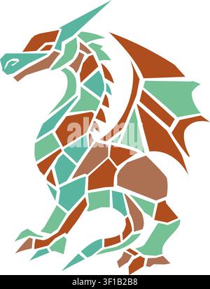 Flat illustration of an angular dragon made from mosaic like pale blue brown and white scale shapes Stock Vector