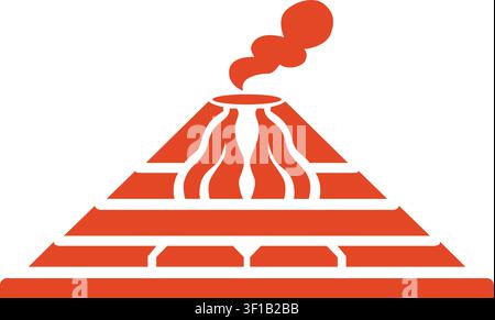 Flat illustration of an orange stepped volcano with lava channels and a rounded smoke cloud above the crater Stock Vector