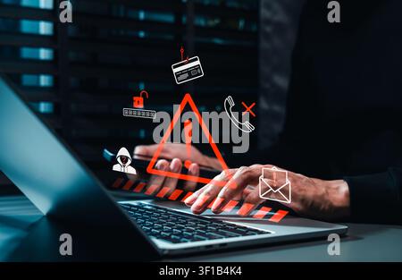 Phishing scam warning concept. cyber fraud prevention. Woman using smartphone, fake email, stolen card, password breach, suspicious caller, hacker Stock Photo