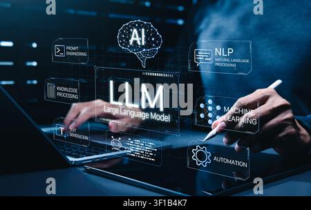 LLM large language model. generative AI technology. chatbot artificial intelligence. developer using prompt engineering, NLP natural language process Stock Photo