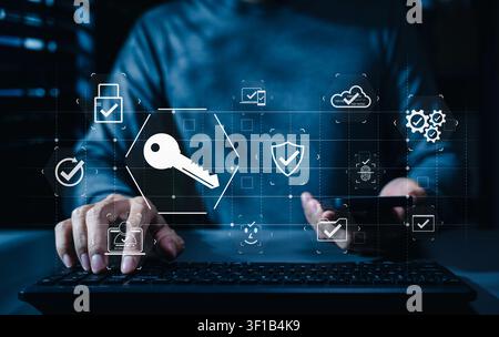 Encryption key passkeys. Secure passwordless authentication technology. digital access key, cloud verification, identity check, lock protection, Stock Photo
