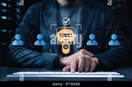 AI workforce replacement concept. Executive selecting robot over human employee profiles, representing automation decision, job displacement, HR Stock Photo