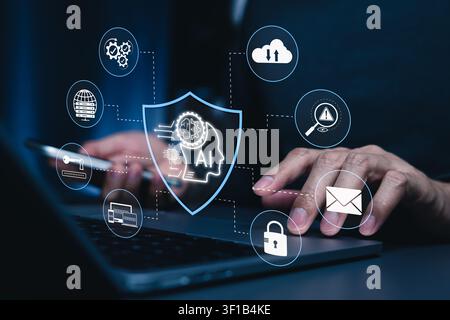 AI cybersecurity protection concept. Man using laptop, shield interface, threat detection, access control, cloud security, data privacy, email protect Stock Photo