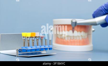 Macro close-up view of a metal stand holding various colorful dental polishing brushes and silicone burs in sharp focus. Stock Photo