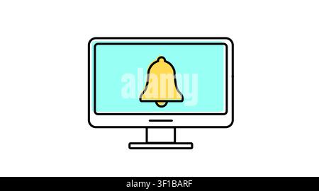 Desktop computer notification bell icon: PC workstation displaying message alert and alarm symbol on screen, modern offset color line art vector. Stock Vector