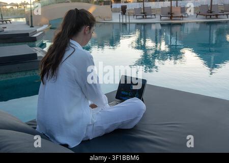 Brunette woman wearing white clothing sits cross-legged on a poolside daybed and works with charts on a tablet screen. Stock Photo