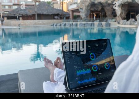 Over shoulder view of tablet screen displaying financial charts as a person relaxes on a poolside lounge bed at a luxury resort. Stock Photo