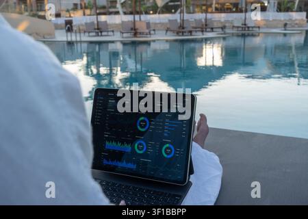 Person sits on a lounge bed by a resort swimming pool while using a tablet displaying financial charts and graphs on a dark interface. Stock Photo