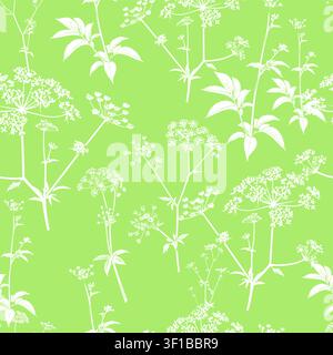Seamless background with greenery and flowers . Hand drawn. Not AI, vector illustration. Stock Vector