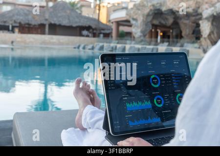 Person sits on a lounge bed by a resort swimming pool while using a tablet displaying financial charts and graphs on a dark interface. Stock Photo
