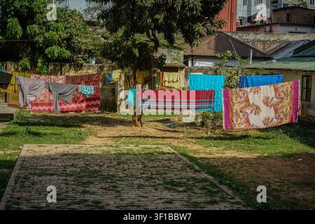 Various colorful garments and patterned fabrics, including red, blue, and patterned white pieces, hang on clotheslines strung across a green grassy co Stock Photo