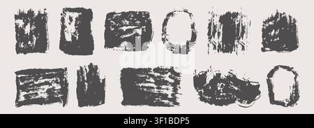 Linocut print with grunge ink texture and rough roller marks creates an authentic printmaking frame. Set vintage rectangle borders. Wide stripes rough textures. Vector illustration Stock Vector