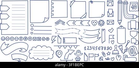 Memo Pads, To Do Lists and Daily Planner Doodles Set. Notebook Sheets, Trackers and Stationery Sketch Icons with Travel Map Pins, Office Accent. Vecto Stock Vector