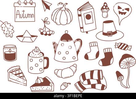 Autumn Doodle Elements Set, Fall Cozy Objects with Pumpkin, Teapot, Mug, Pie, Croissant and Book, Scarf, Socks, Mushrooms, Acorn and Candle, Isolated Stock Vector