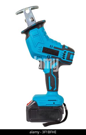 Modern cordless reciprocating saw on a white background. Close-up of a blue electric saw. Stock Photo
