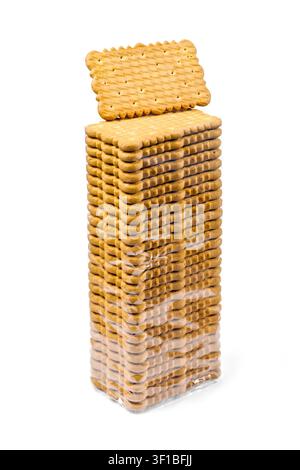 Packaging of biscuits on a white background. Cookies in clear plastic packaging. Stock Photo