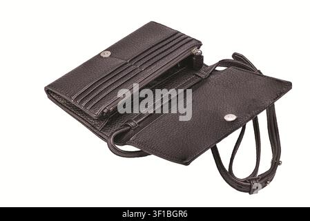 Close-up view of black leather crossbody wallet for smartphone with card slots isolated on white background. Sweden. Stock Photo