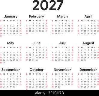 Weekly Layout Horizontal Wall calendar template for January 2027. Holiday and event planner ...