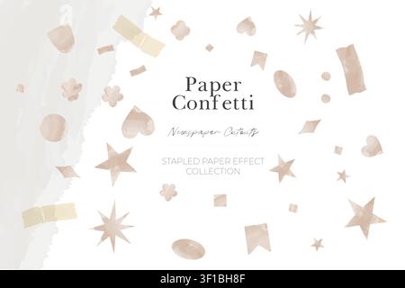 Handmade watercolor paper cutout elements with assorted confetti shapes and decorative paper pieces. Stock Vector