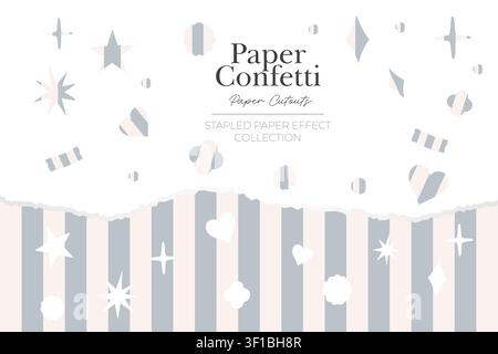 Handmade striped paper cutout elements with assorted confetti shapes and torn paper details. Stock Vector