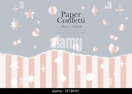 Handmade striped paper cutout elements with assorted confetti shapes in soft pastel pink tones. Stock Vector