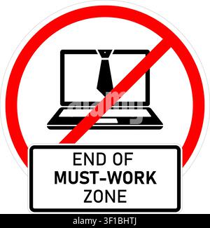 Humorous flat vector prohibition sign with laptop and necktie crossed out, funny office meme icon for work life balance and quitting time. Stock Vector