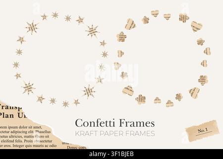 Two circular frames are formed from newspaper paper cutouts shaped as stars, flowers, and hearts with open space for text or graphic elements. Stock Vector