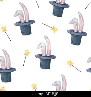 Fun hand-drawn watercolor seamless pattern featuring magician top hats with white rabbit ears and golden magic wands. Ideal for Halloween designs, mag Stock Photo