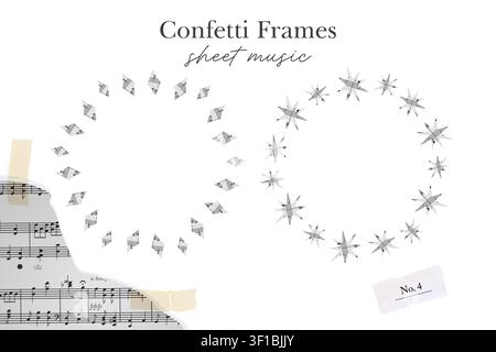 Two circular frames are formed from sheet music paper diamonds and star cutouts with open space for text, photos, or decorative layouts. Stock Vector