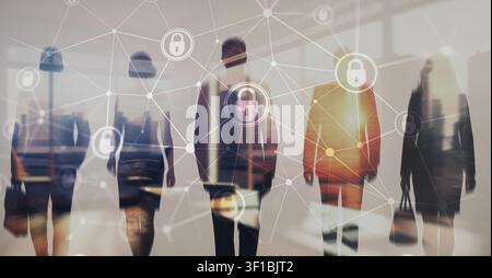 Cybersecurity risk management system for enterprise data protection and privacy compliance with network lock symbols Stock Photo