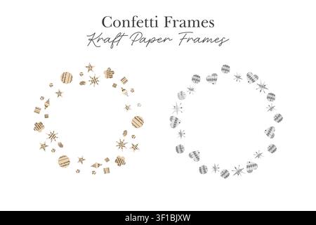 Two circular frames are assembled from kraft paper and sheet music confetti cutouts in a mix of stars, hearts, flowers, and geometric shapes with open Stock Vector