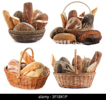 Bread in wicker baskets isolated on white, set Stock Photo