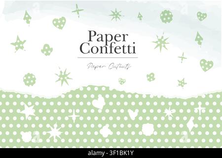 Green paper confetti cutouts with polka dot patterns are combined with torn paper layers in a handcrafted collage composition. Stock Vector