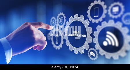 Mega constellation satellite network system for telecommunications with human hand interacting with technology icons Stock Photo