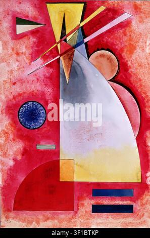 Wassily Kandinsky – Intermingling (Ineinander), 1928. Watercolor and gouache on Japanese paper. Abstract geometric Bauhaus composition featuring a central pale triangular and semicircular configuration, a textured blue circular disk, intersecting diagonal lines, and sharp geometric forms on an intense red background Stock Photo