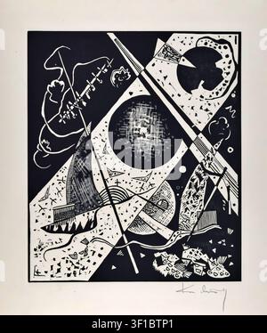 Wassily Kandinsky – Small Worlds VI (Kleine Welten VI), 1922. Woodcut on paper. Abstract geometric Bauhaus composition with a central dark textured circular disk, intersecting diagonal lines, grids, checkerboard patterns, and stylized biomorphic configurations on a white background. Stock Photo