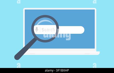 White Laptop Web Search on Blue Background Vector Illustration Online Research Voice Search Digital Technology Stock Vector