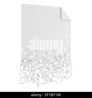 Blank document dissolving into square pixels, representing file deletion, corrupted data, information loss and digital document destruction, 3d render Stock Photo