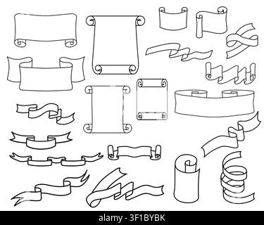 Scrolls and rolls of paper, black and white sketch. Vector illustration. A simple linear drawing of a papyrus or manuscript, isolated on a white Stock Vector