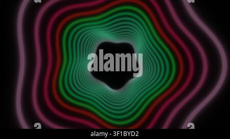 This artwork features a colorful wavy pattern in shades of green, red, and purple against a black background with a central shape. The design creates Stock Photo