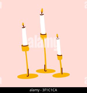 Elegant Candle Holder Collection with Burning Taper Candles in Candlesticks Isolated, Minimal Scandinavian Home Decor Illustration for Cozy Interior Stock Vector