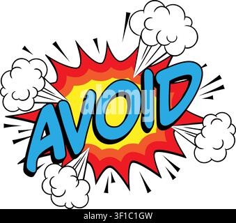 Comic book retro AVOID word text explosion cloud smoke blast bang boom crash red yellow warning alert danger pop art sticker decal. For thumbnails, ga Stock Vector