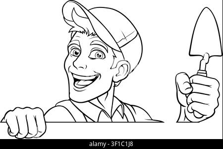 A bricklayer handyman cartoon construction mascot character man holding a trowel tool Stock Vector