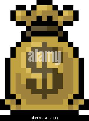 A money cash sack bag with a dollar sign symbol in pixel art style icon Stock Vector