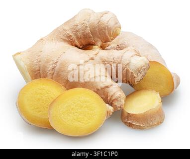 Ginger root with ginger slices isolated on a white background with clipping path. Stock Photo