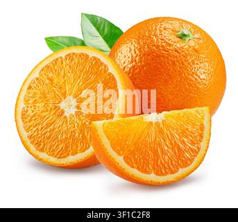Orange fruits with halves of orange and orange tree leaves isolated on a white background. Stacking image with high resolution. Clipping path Stock Photo