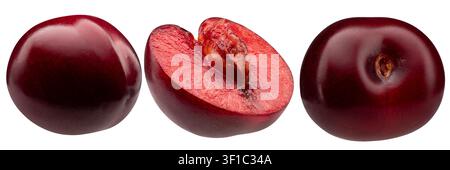 A collection of three fresh red plums showing a cross section view. Stock Photo